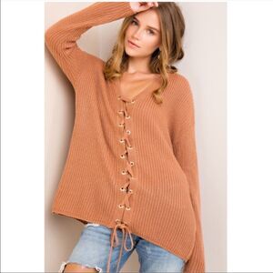ENTRO | Lace Up Front Oversized Sweater Peach Orange Large